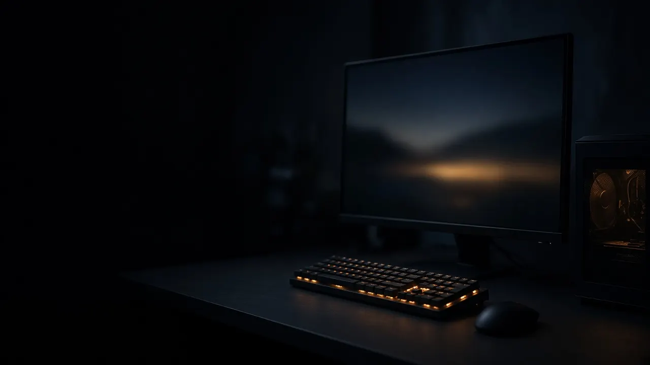 A dark gaming desk at night, high refresh rate monitor, amber keyboard, glowing PC, empty left third for the headline